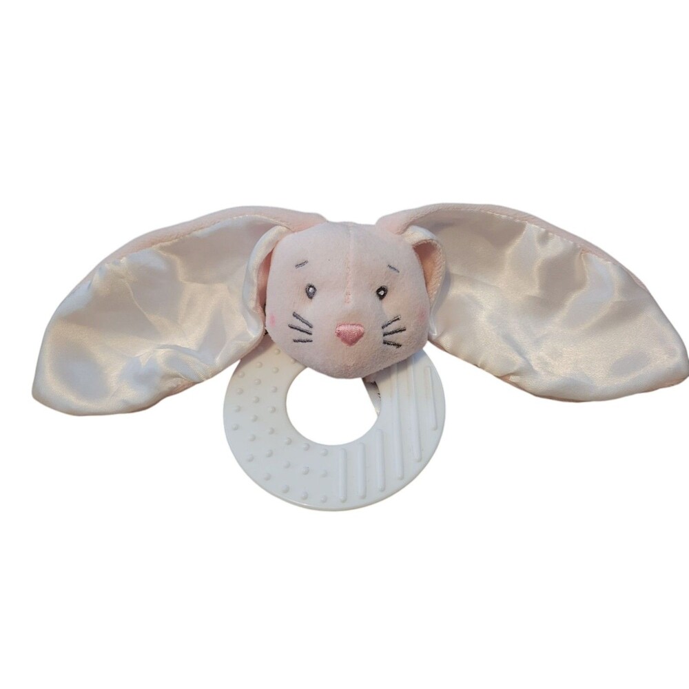 Baby Ganz Bunny Rabbit Plush Silk Ears Teething Ring Light Pink